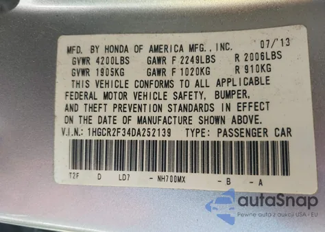 2013 Honda Accord Lx из США, поврежденный, VIN 1HGCR2F34DA252139